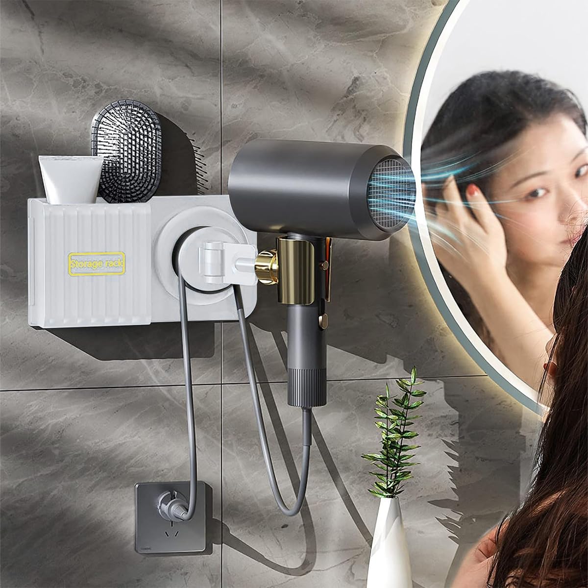 Hair Dryer Holder, Blow Dryer Hanger Wall Mount with Storage Box, Rotatable Hair Drying Helper with Cord Organizer, Self Adhesive Hair Tool Organizer Storage Blow Dryer Holder