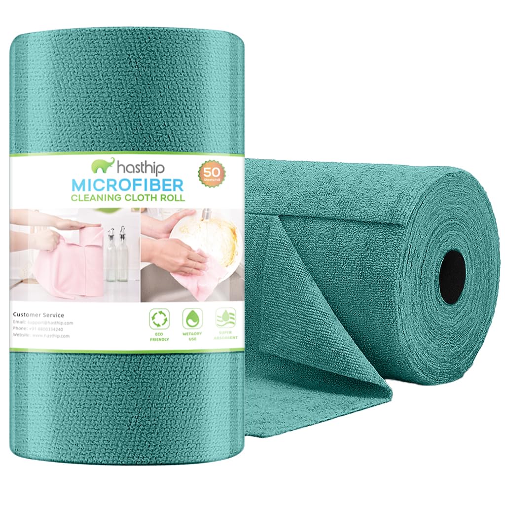 HASTHIP Microfiber Cleaning Cloth Roll for Kitchen with 50 Pre Cut Tear Away Rags | Green