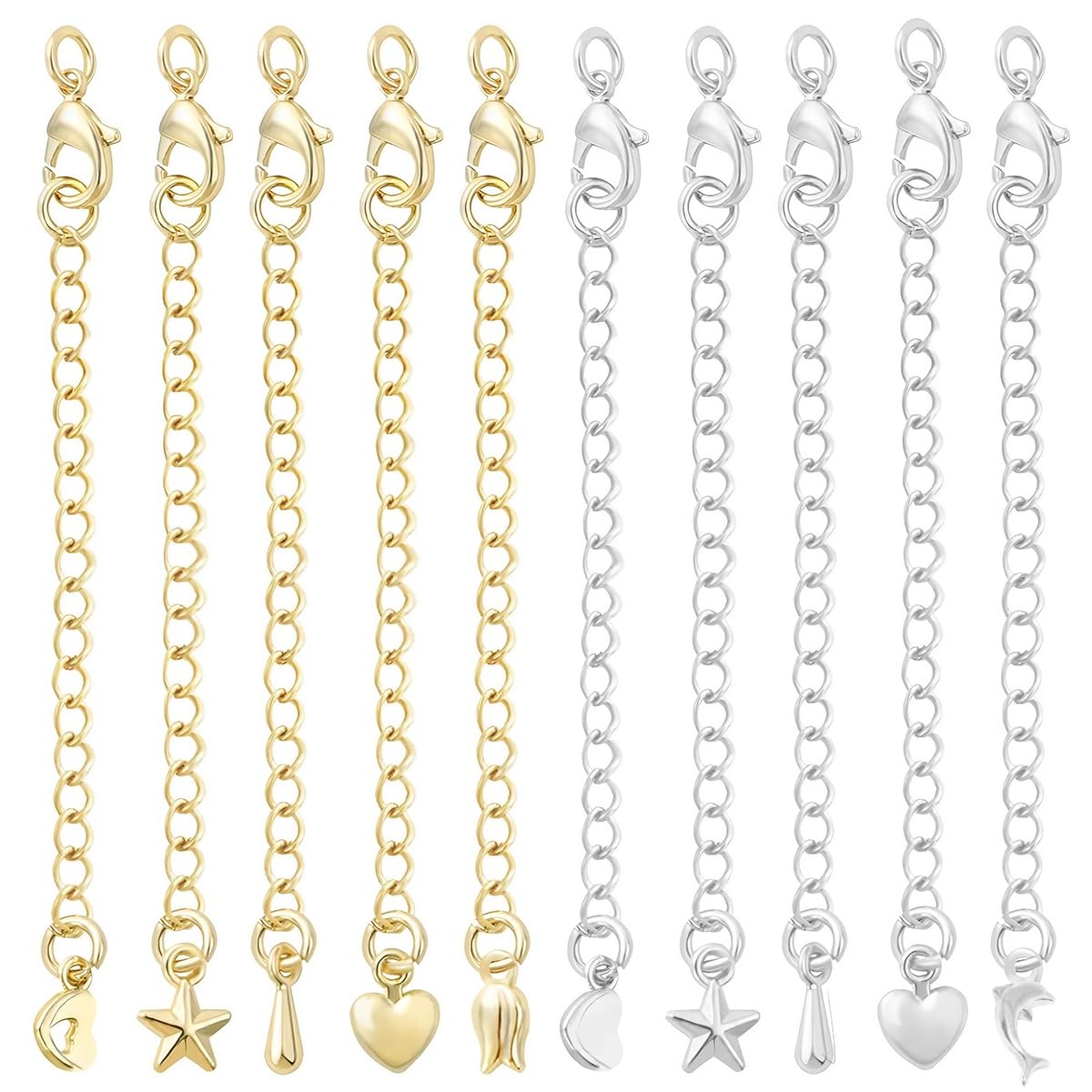 HASTHIP Necklace Extenders for Jewelry Making with Lobster Clasp | 10PCS 2.5 in Gold and Silver Chains