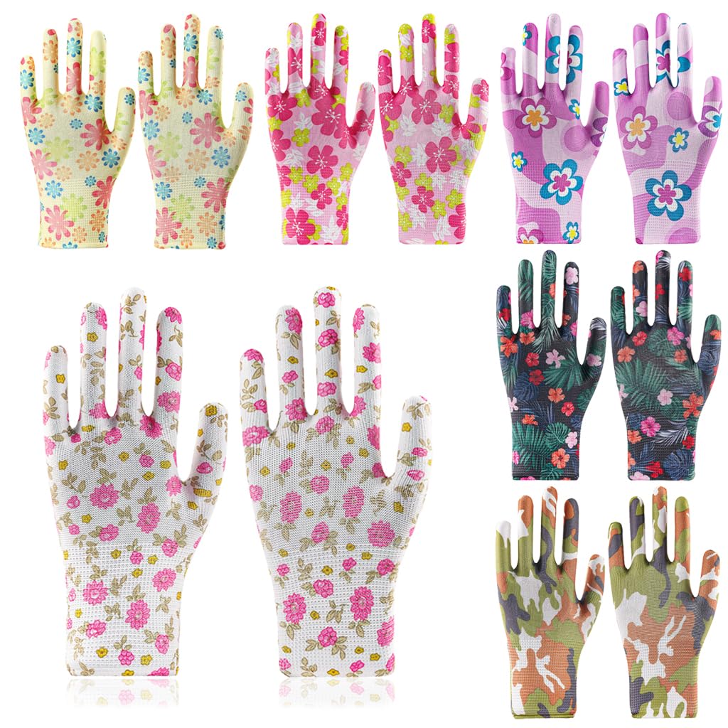 HASTHIP Gardening Gloves for Women with Full Palm Anti Slip Grip Nylon Floral Print 6 Pairs