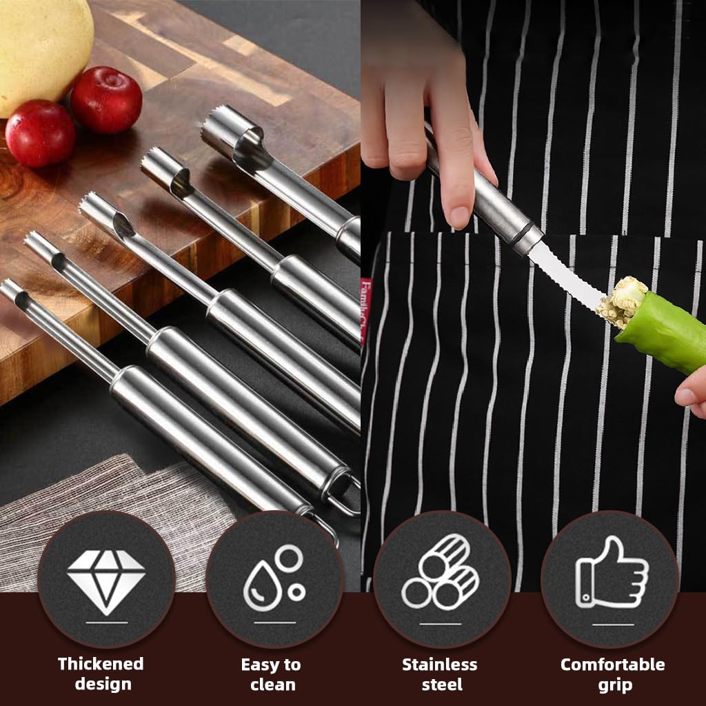 HASTHIP Corer and Pitter Set for Fruits and Vegetables with 11 cm Spiral Serrated Blade | 6 Pieces Stainless Steel Tools with Ergonomic Handles