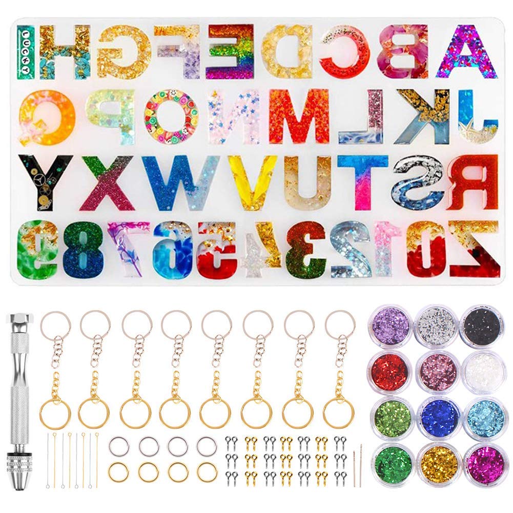 Alphabet Resin Art Kit With Moulds, Letter And Numbers Resin Moulds, Diy Letter Key Chain, Pendant, Jewelry Making Molds For Resin, Silicone Epoxy Resin Moulds, Multi-Colour