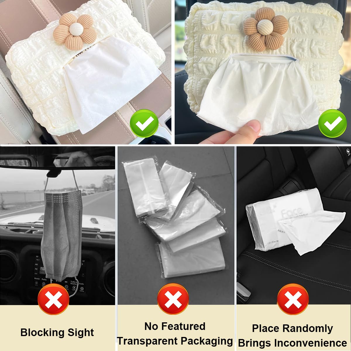 HASTHIP Car Tissue Paper Box for Sun Visor and Backseat featuring Stretchy Strap | Cute Flower Design for Organized Travel