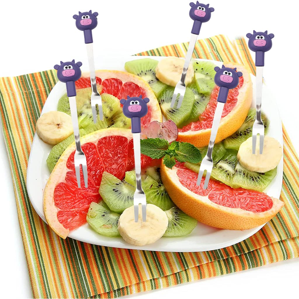 6Pcs Food Fruit Forks for Kids, Food Grade Stainless Steel Children's Food Fork with Base, Reusable Cute Cow Little Forks Dessert Forks for Cake Dessert Pastry Party, 4.65inch (Purple)