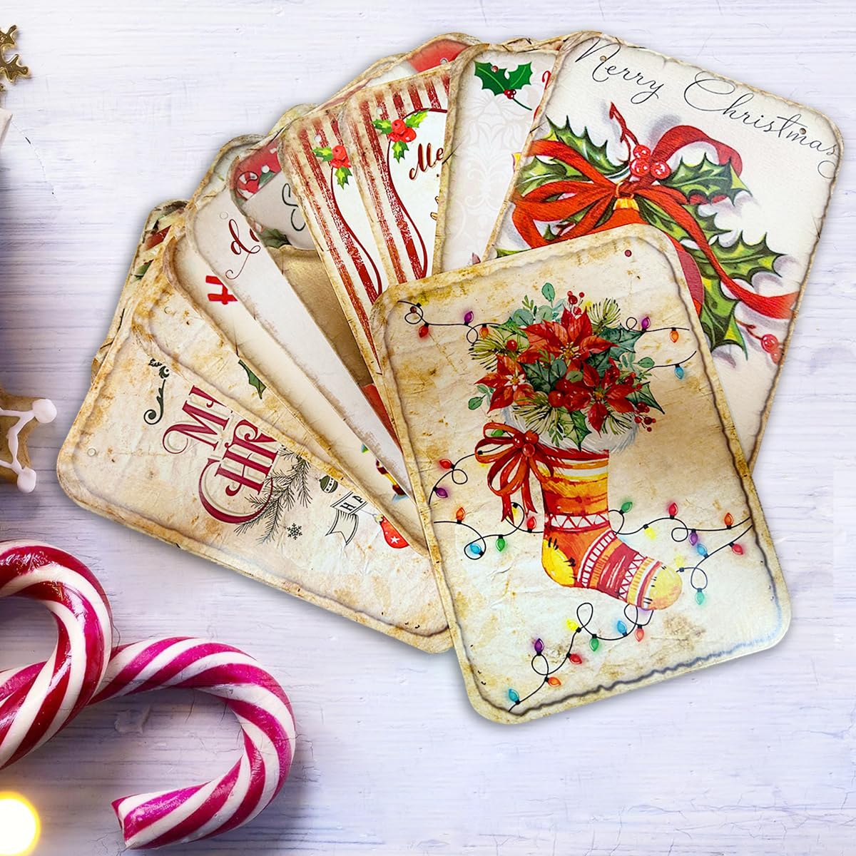 HASTHIP Christmas Wall Hanging Banner for Door and Room with 15pcs 5.5×7.68in Vintage Flags