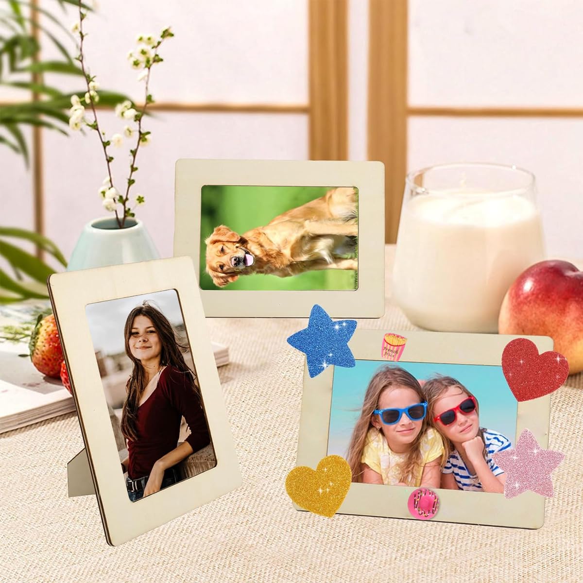 HASTHIP Wooden Photo Frame Kit for DIY Crafts with 6 Frames and 30 3D Decals | Eco Wood