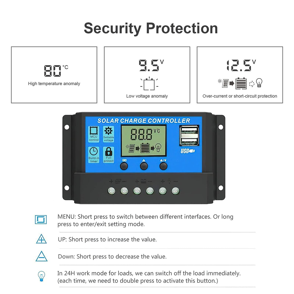 20A 12V/24V Solar Charge Controller Solar Panel Controller Intelligent Regulator with Dual USB Port 5V Light Timer Control LCD Display