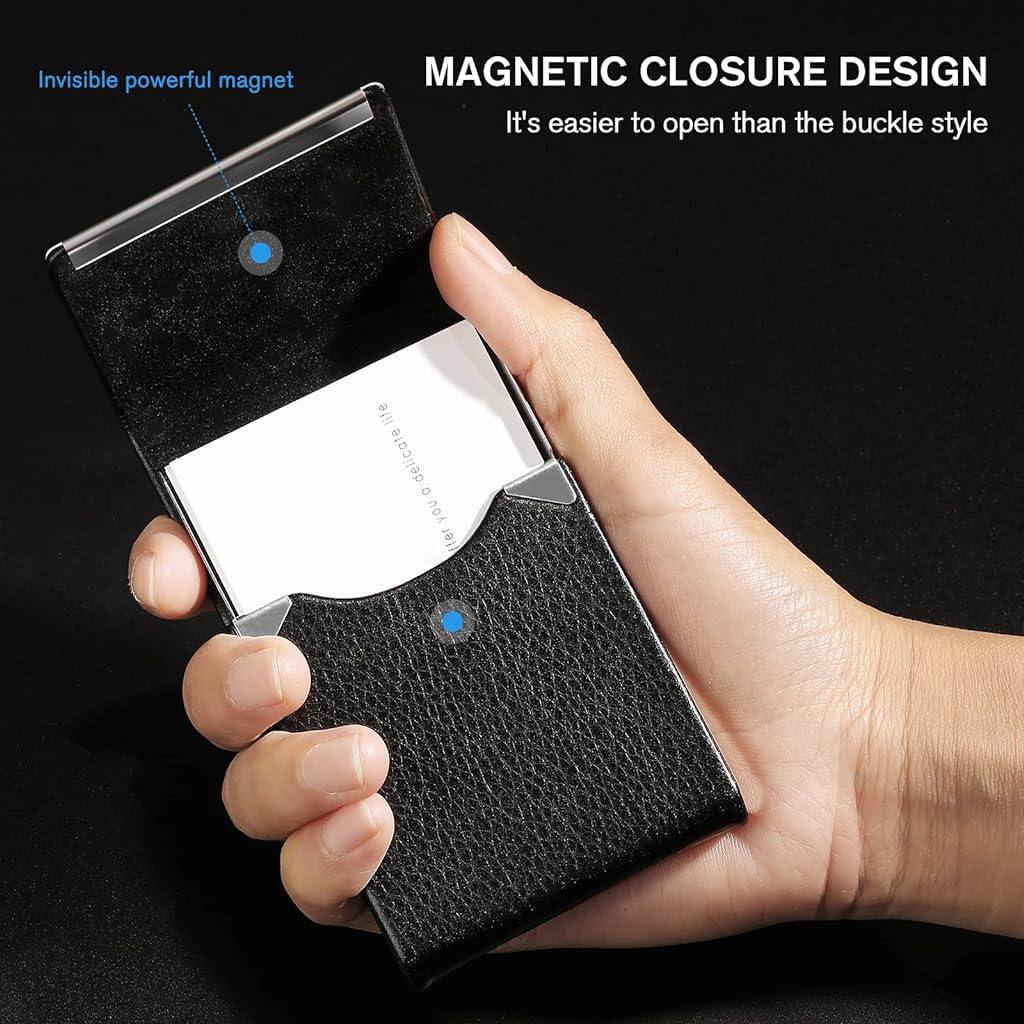HASTHIP® Tarjetero de Piel para Hombre y Mujer,Tarjetero de Metal con Bloqueo RFID,Cierre Magnético Funda Compacta para Tarjetas Visita Crédito e Identificación - Negro (20 Tarjetas
