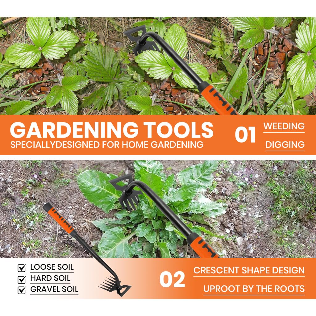 HASTHIP Weeder Hand Tool for Lawn and Garden with 15.7 in Steel 6 Claws | Rubberized Handle