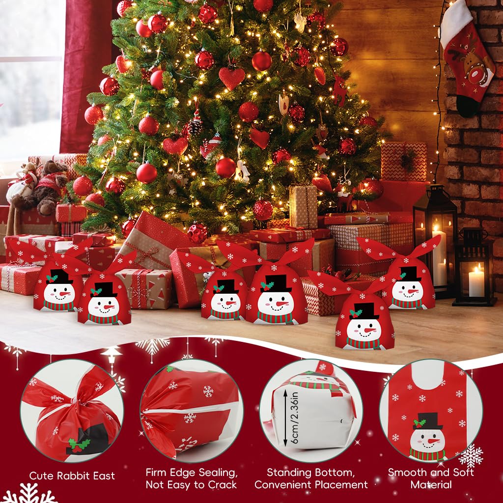 HASTHIP Christmas Gift Bags 50pcs for Small Holiday Gifts with Tie Up Closures | Red Snowman Print 13.5x23cm