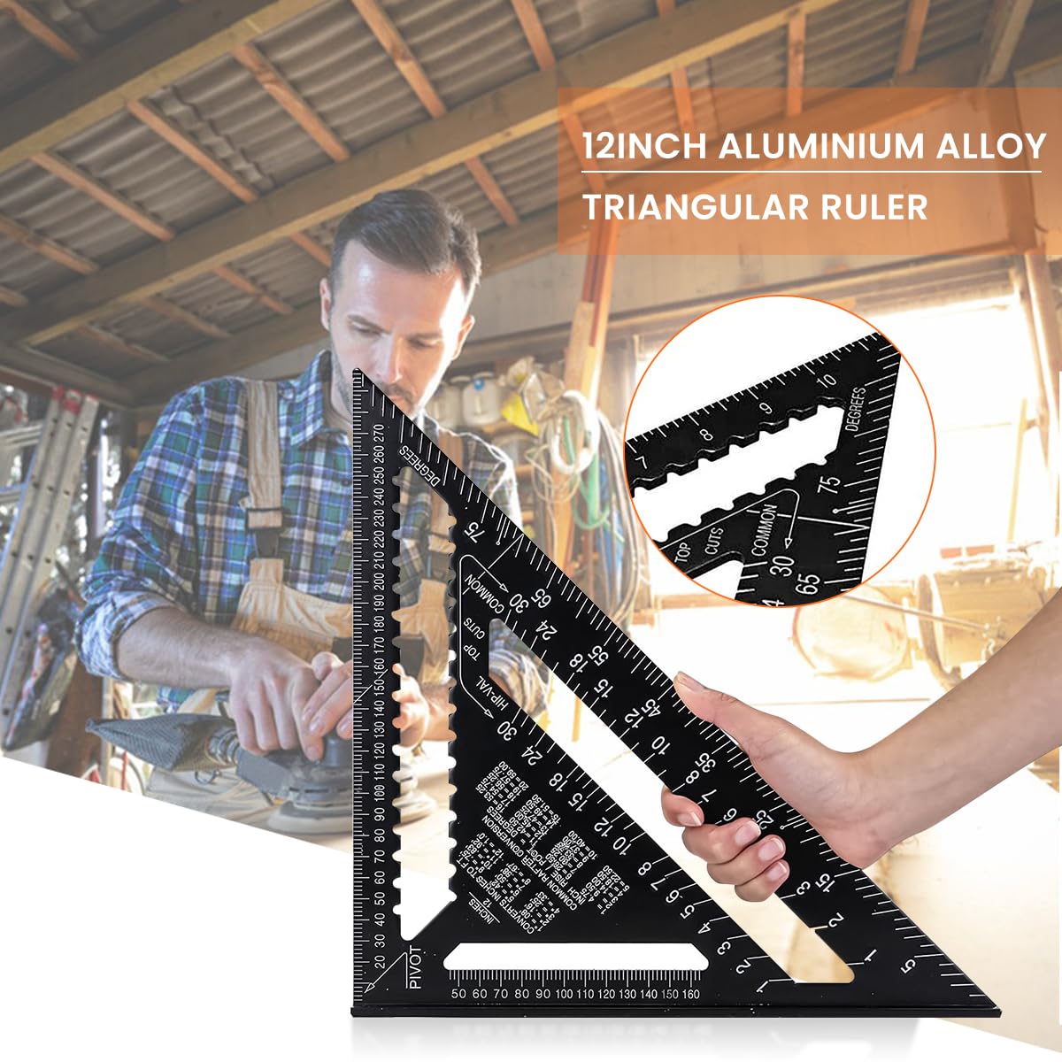 HASTHIP Triangle Ruler for Woodworking with Double Scale Laser Marks and Aluminum Alloy Construction | 12 Inch Metric Measuring Tool