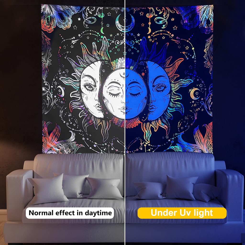 Uv Luminous Tapestry Uv Reactive Tapestry Glow In The Dark Sun And Moon Tapestry Uv Reactive Tapestry Wall Hanging (51Inch X 59Inch) (Multi-Colour)