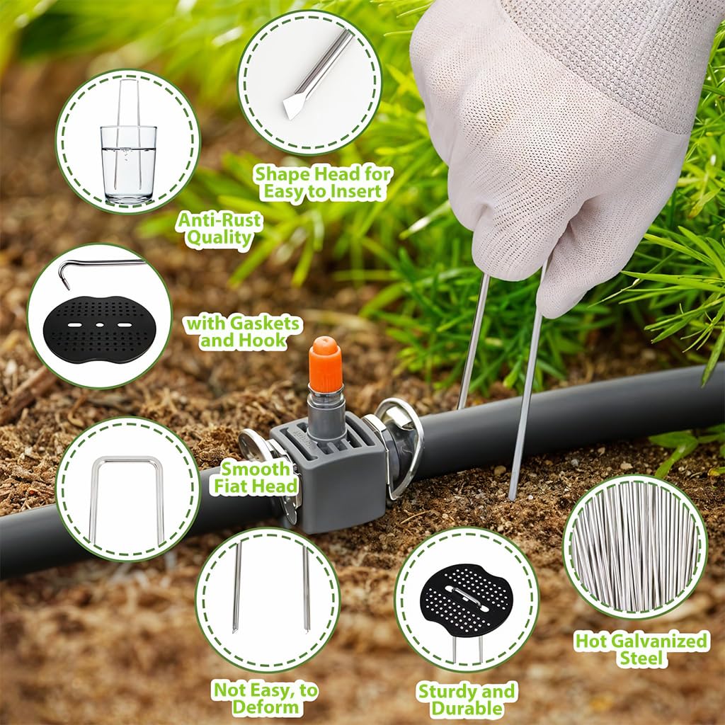 HASTHIP Metal U Pins for Landscaping and Weed Barrier 200 pcs 7.87 in with Pin Holders | Includes Puller