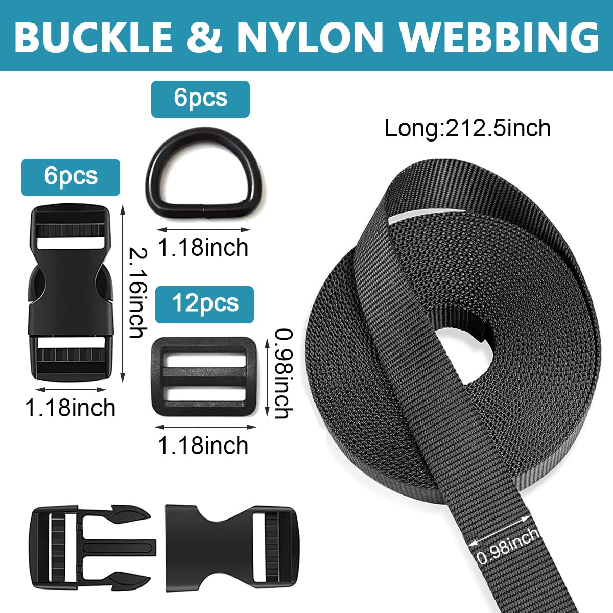 Buckle Strap Set with 6 Yards Nylon Webbing, 6Pcs Metal D Rings, 6Pcs Quick Side Release Plastic Buckles, 12Pcs Tri-glide Slide Clip for DIY Making Luggage Strap, Backpack Repairing