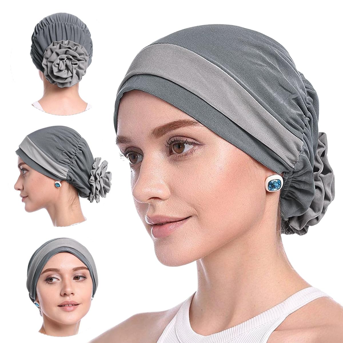HASTHIP® HANNEA Gorros de quimioterapia para Mujer de algodón elástico Turbante con Flor Gorro pañuelo para Mujer, Gris