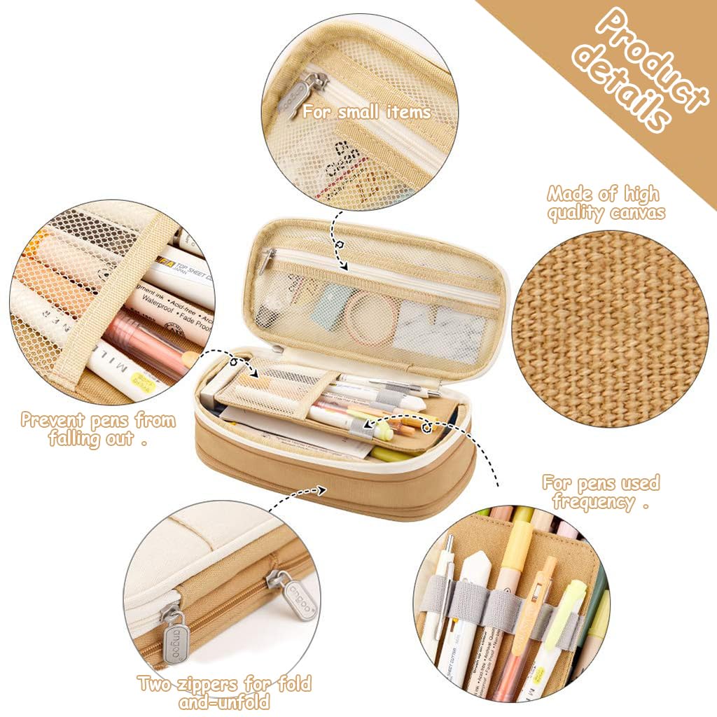 HASTHIP Pencil Pouch for Kids and College Students with Double Zipper | 22x11cm Nylon Case in Navy Blue & Khaki Black