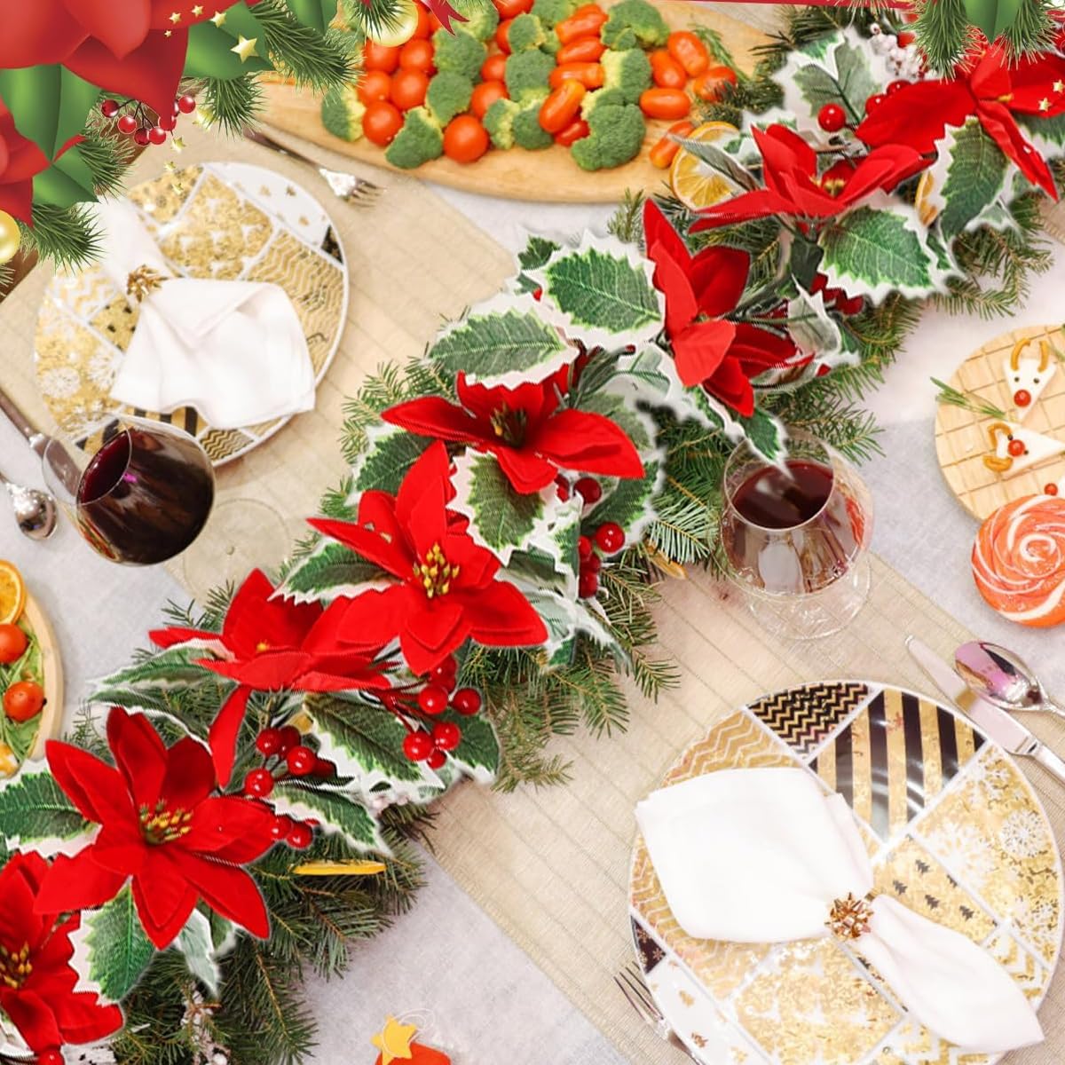 HASTHIP Christmas Garland 5.8 ft for Tree Door and Wall featuring Velvet Poinsettias & Holly | Festive Home Decor