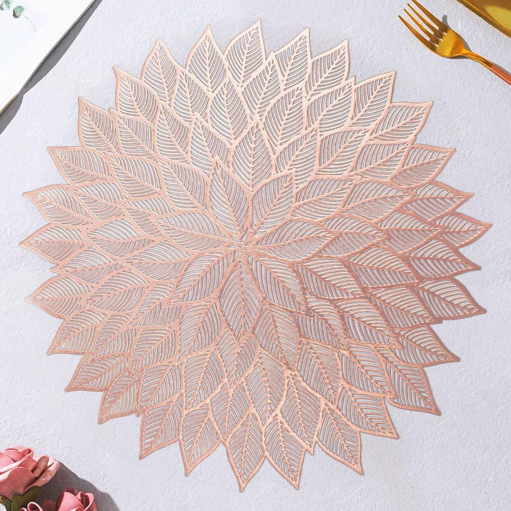 HASTHIP Placemats for Dining Table featuring 15 inch Round Floral Cut Out Design | Gold PVC Set of 6
