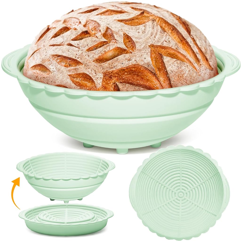 HASTHIP® 9.6-Inch Silicone Bread Basket, Round Folding Silicone Bread Proofing Basket, Food-Grade BPA-Free, Non-Stick Bread Baking Supplies for Sourdough, Artisan Bread (Green)