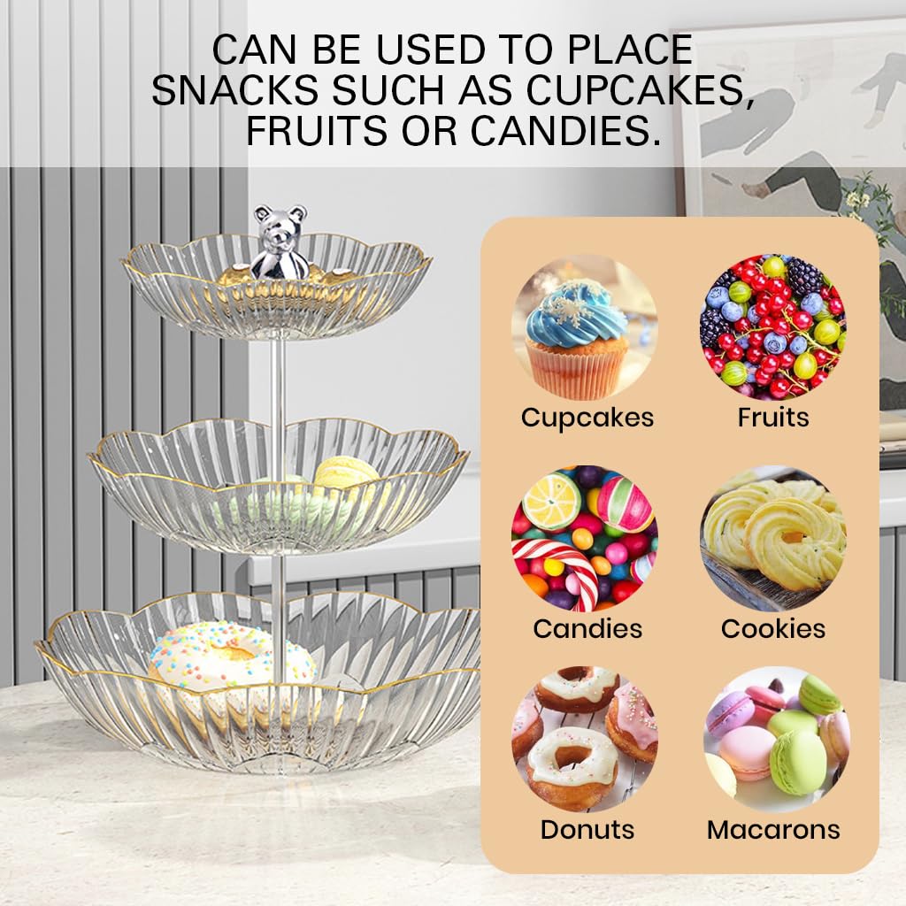 HASTHIP Silicone 3 Tier Dessert Serving Tray for Weddings with Golden Edges and Bear Handle
