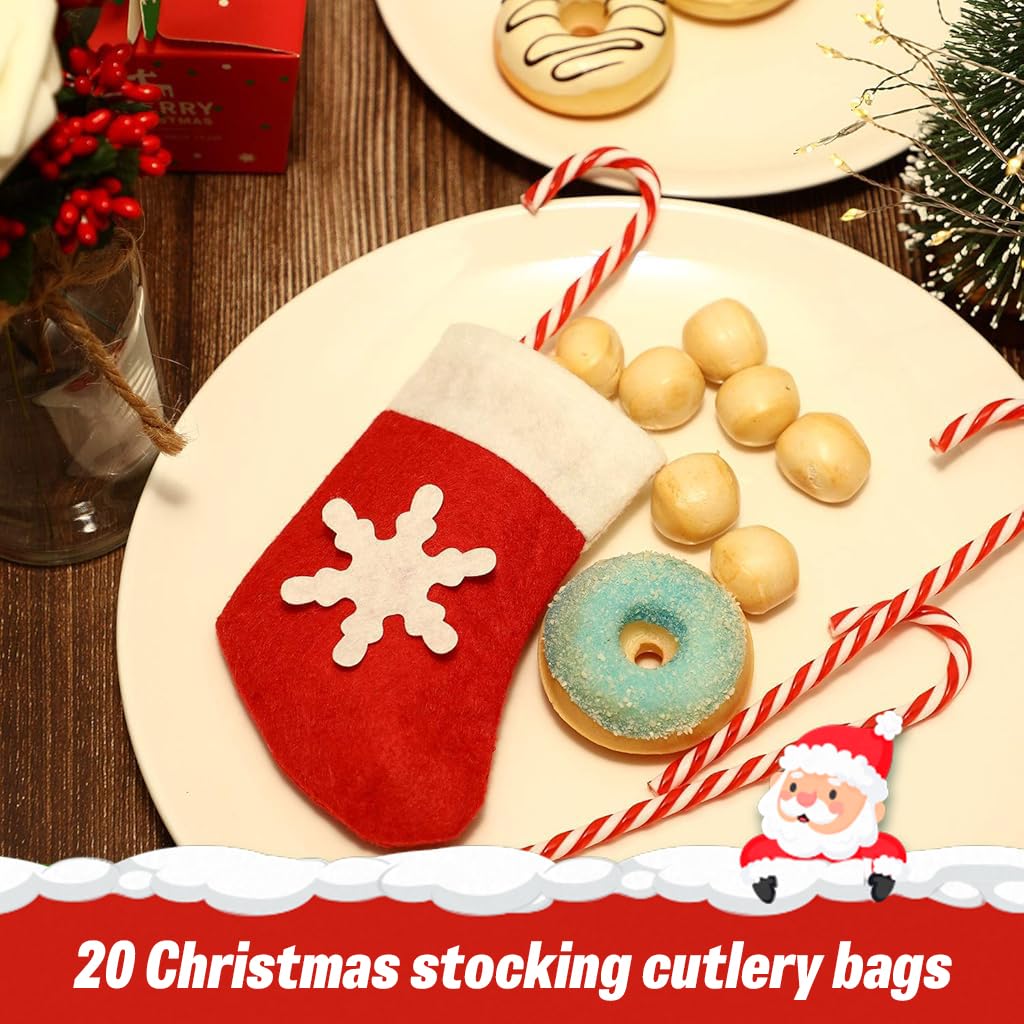 HASTHIP Mini Christmas Stockings for Tableware and Tree Decoration featuring Felt Material 20PCS Set | Festive Red Holiday Utensil Holders