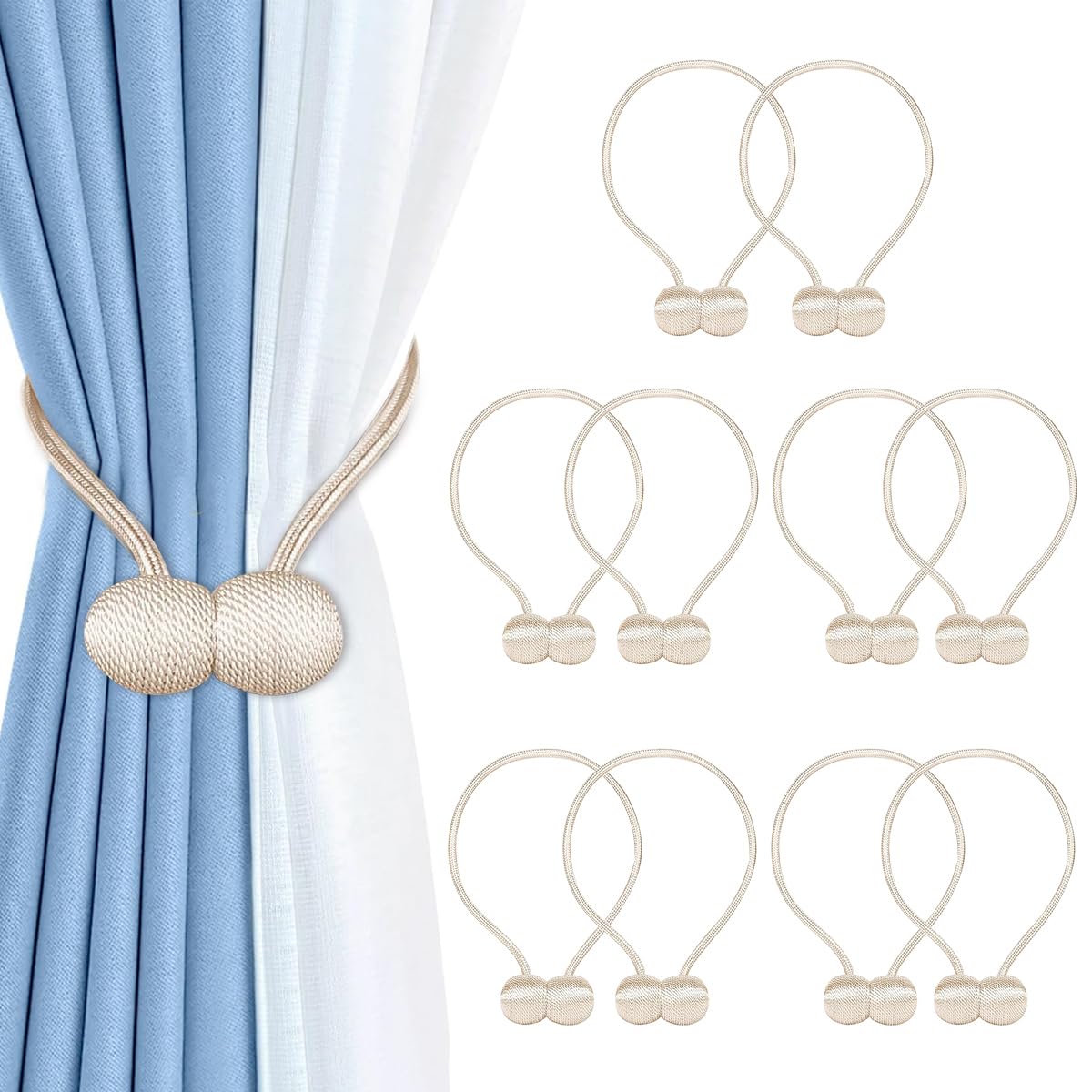 HASTHIP Magnetic Curtain Tiebacks for Home and Office featuring 40cm Rope & 3.3cm Balls | Beige