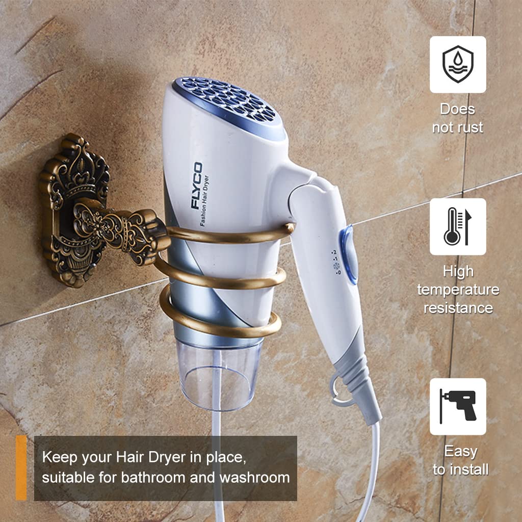 HASTHIP Hair Dryer Stand for Bathroom with Glue and Screws featuring 9.4×10.3×14cm Aluminum Spiral Rack | Retro Bronze Wall Mount Organizer