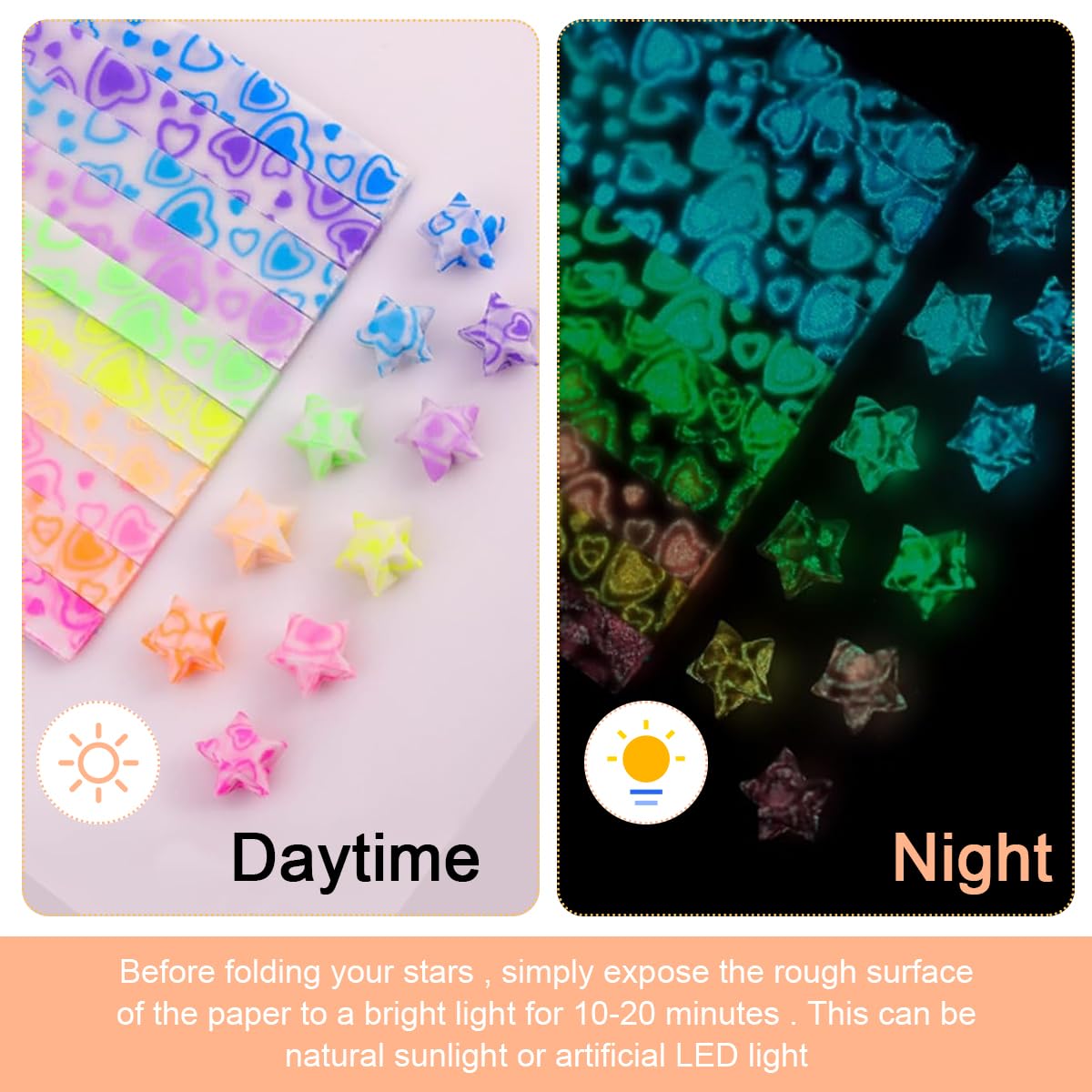 HASTHIP Heart-Shaped Origami Paper for DIY Crafts with 210 pcs 8.6 in Glossy Strips | 10 Colors Glow Design