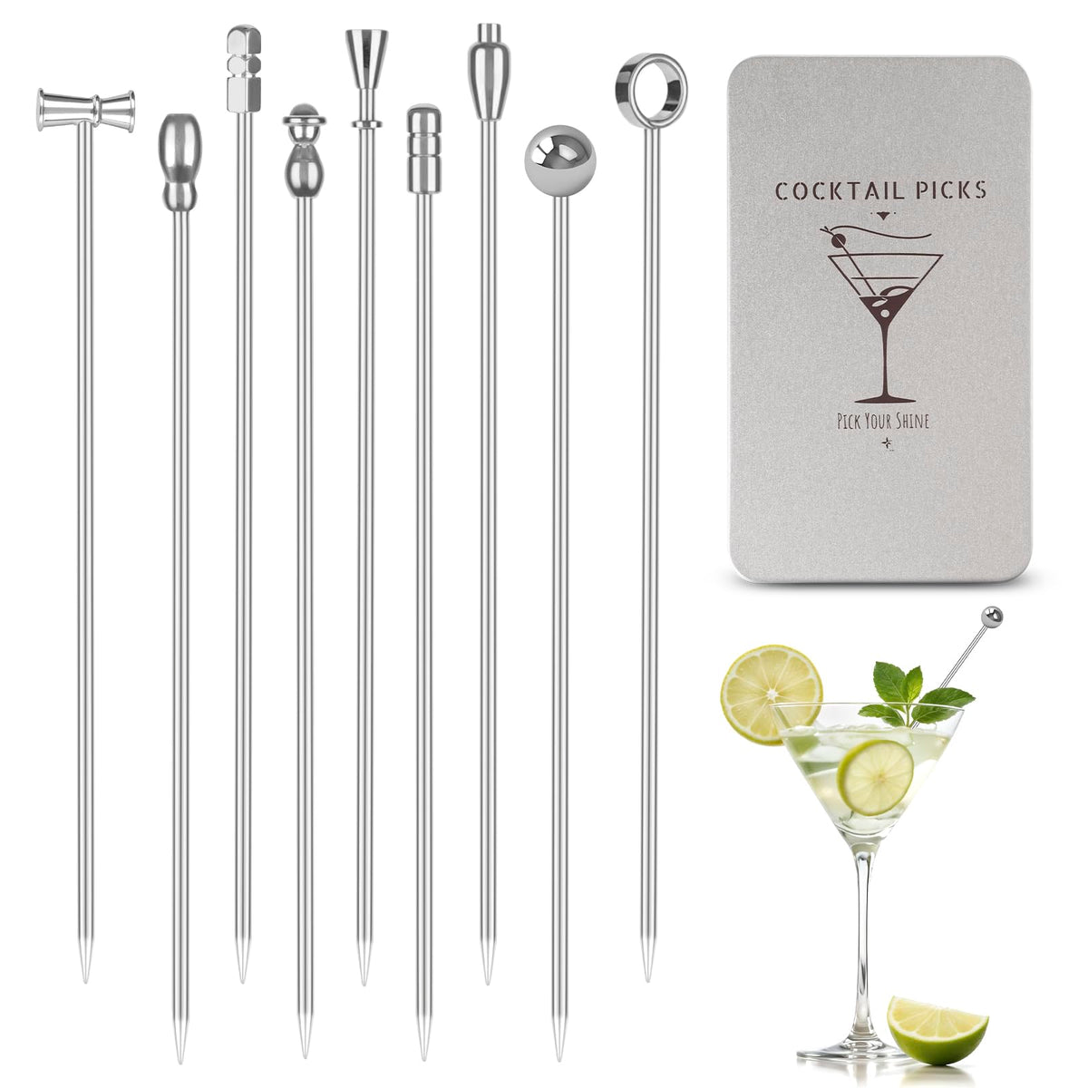 HASTHIP® Palillos de Cóctel de Metal 9 Uds,Pinchos Aceitunas Acero Inoxidable 4.1 in,Palillos Reutilizables para Martini Decoración Bebidas y Aperitivos Accesorios Barra para