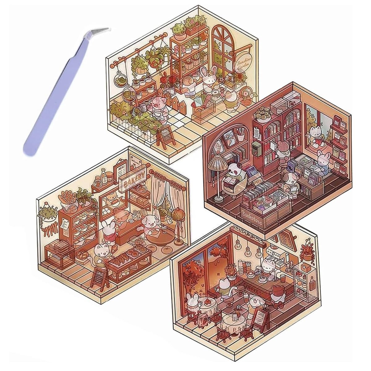 HASTHIP® 4 Sets DIY 3D House Stickers with Tweezer, Cute Cartoon Scene Stickers, Fun DIY Stickers Scene Make Your Own Supermarket Coffee Shop Restaurant Bookstore for Adult Kids Relief Stress