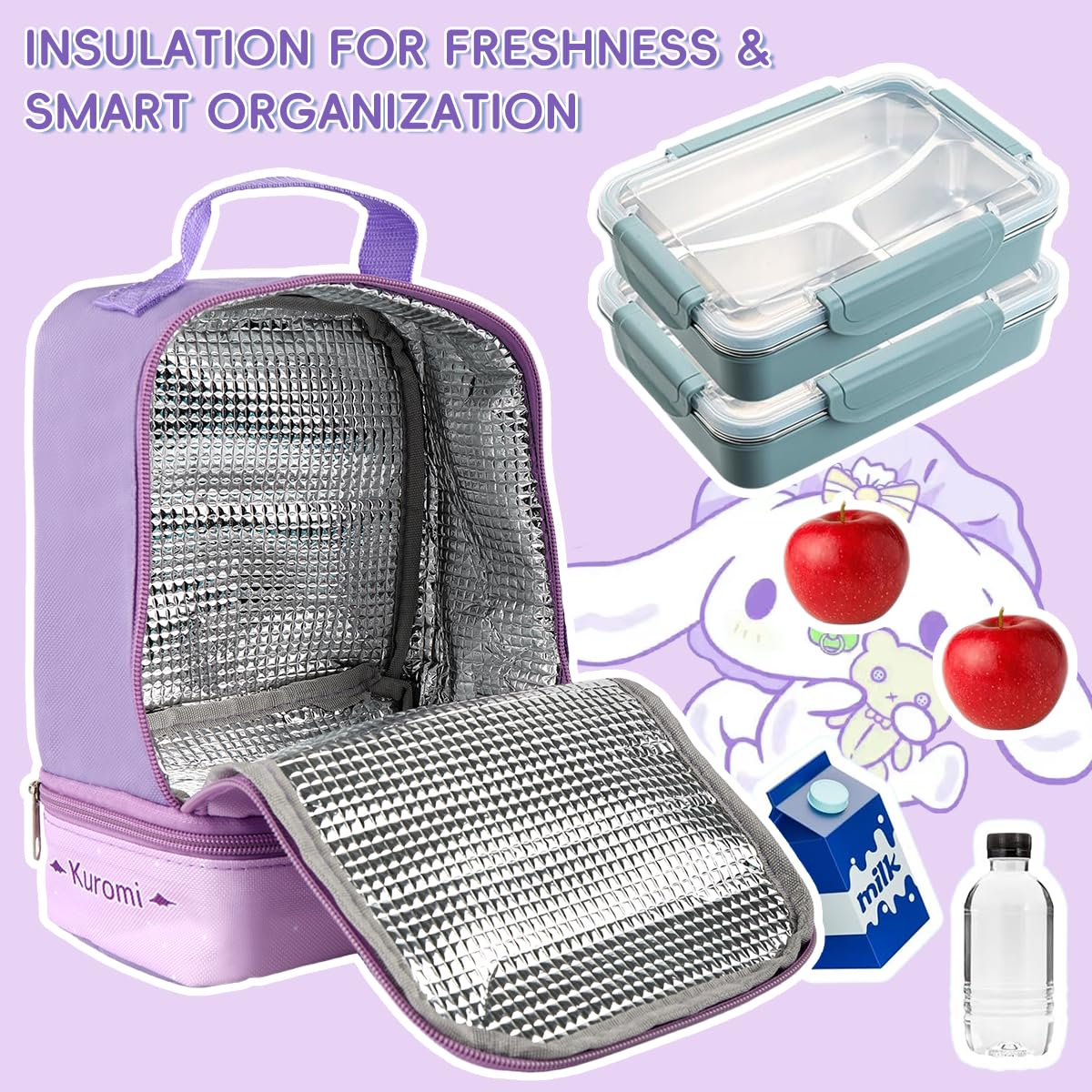 HASTHIP Lunch Box Carrier Bag for School with Double Layer Insulation and 600D Oxford | 18X10X24CM Kawaii Design