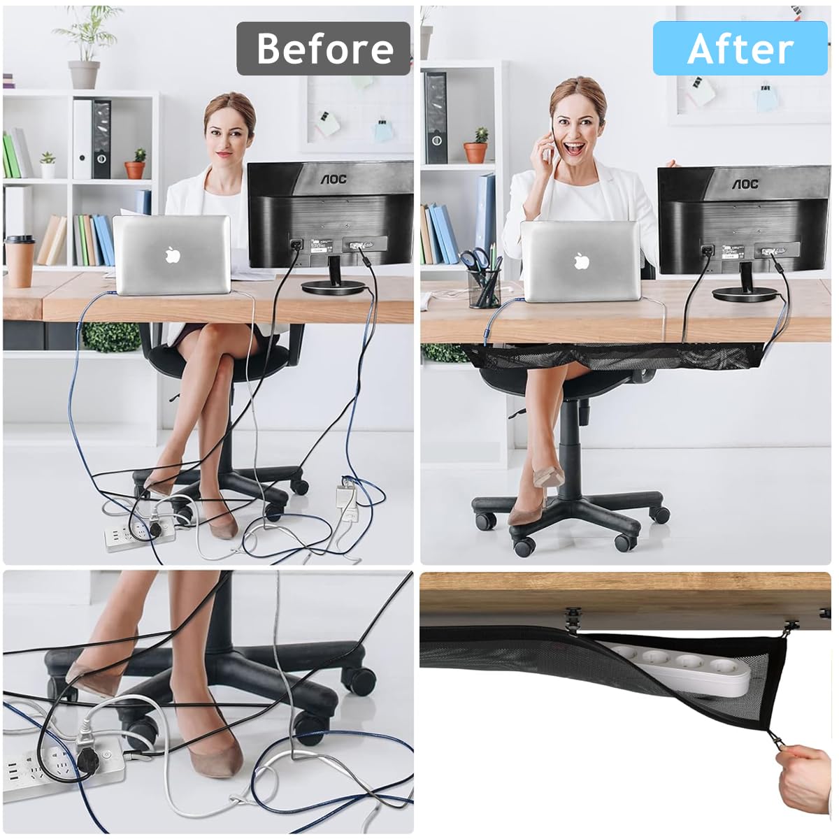 HASTHIP Under Desk Organizer Mesh Net for Cable Management featuring Six Drawstrings and 20x10 in Nylon Storage | Ideal for Home Office