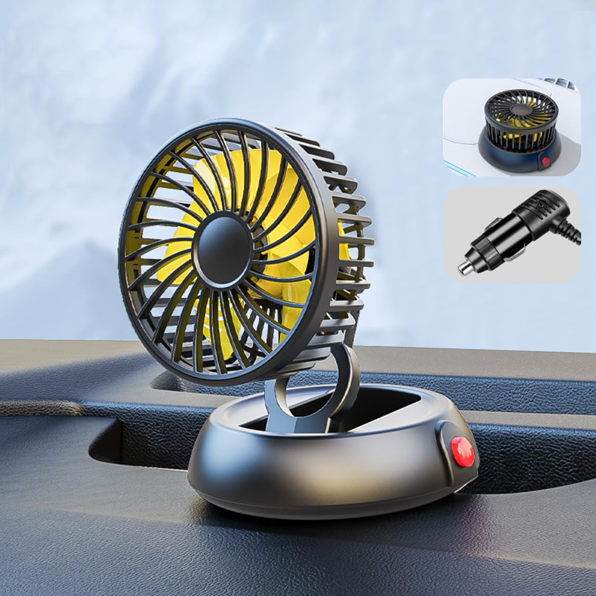 HASTHIP® Foldable Car Fan for Car Cigarette Lighter 12/24V Car Fan 3-Speed Car Fan with Switch 360 ° Rotatable Design Quiet Car Cooling Fan Plug and Go, 1.5m Cable, 11x11x13cm