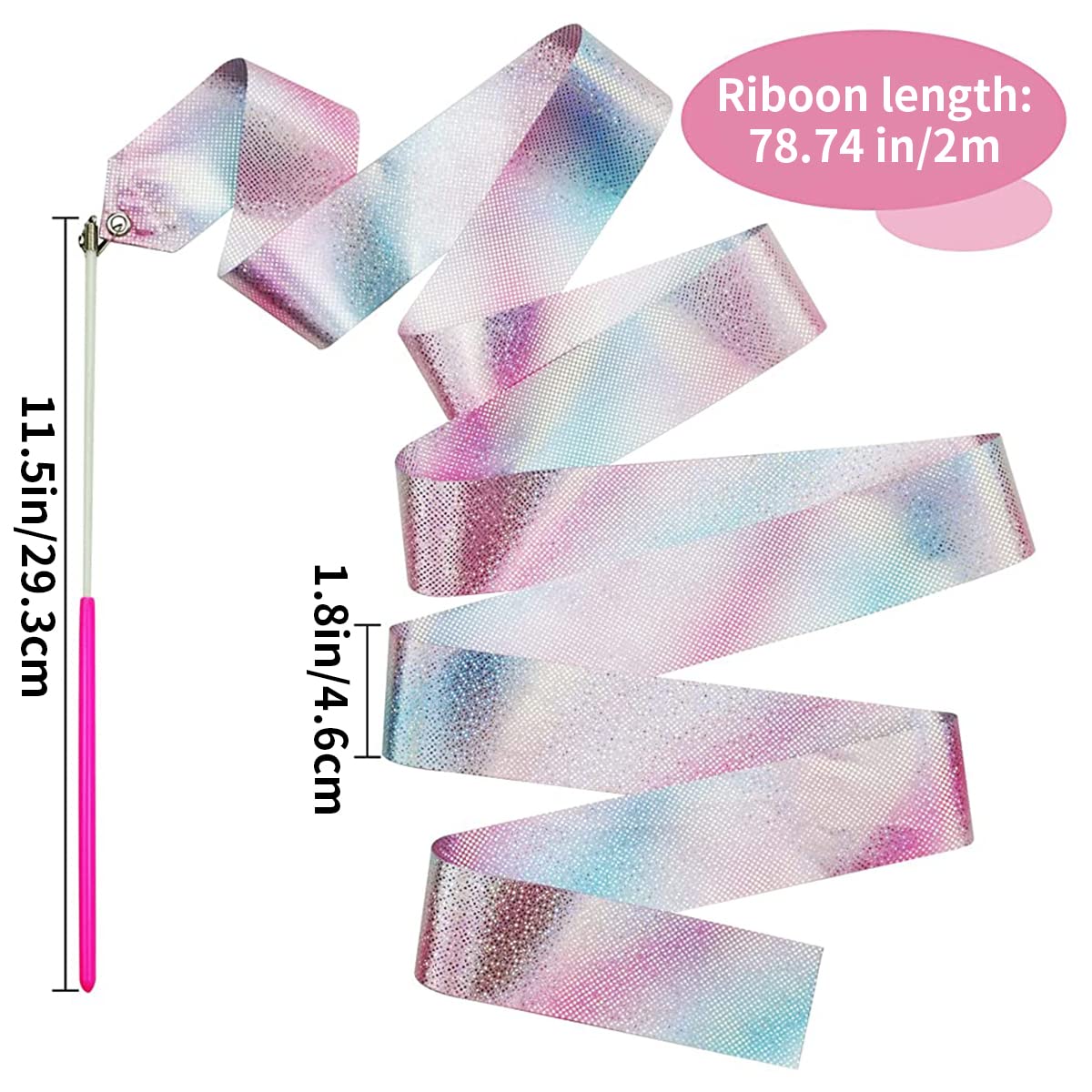 HASTHIP Sports Ribbons with Sticks for Rhythmic Gymnastics featuring 2 m Streamers | Polyester Glitter Pink Design for Kids Dance