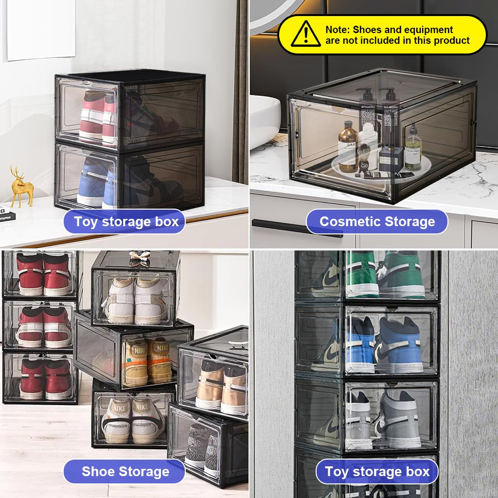 4 Packs Shoe Box Plastic Shoe Storage Separate Shoe Box with Magnet Door Stackable Shoe Organizer Universal Size Sneaker Shoe Box for Men Shoes Box for Women
