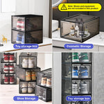 4 Packs Shoe Box Plastic Shoe Storage Separate Shoe Box with Magnet Door Stackable Shoe Organizer Universal Size Sneaker Shoe Box for Men Shoes Box for Women