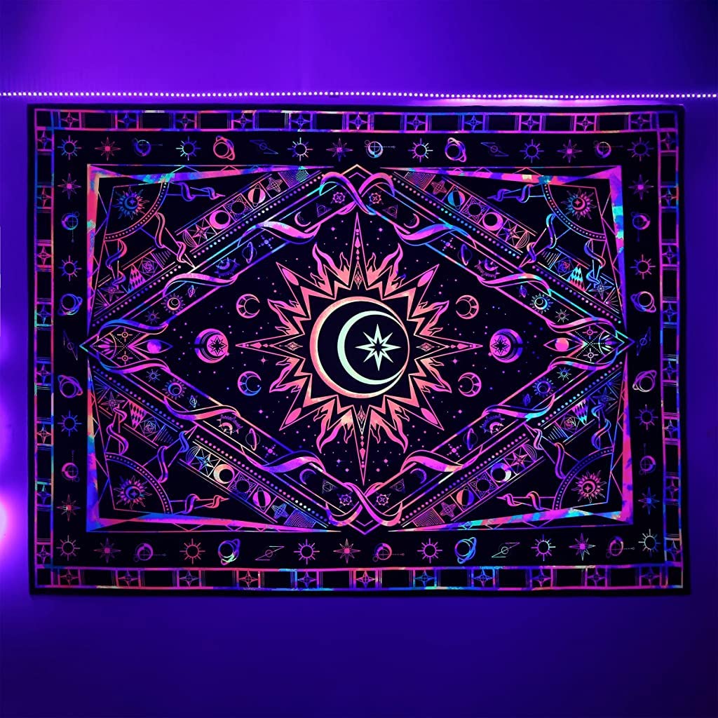 HASTHIP Sun and Moon Tapestry for Wall Decor with UV Light Reactive Glow 51 x 59 in Polyester