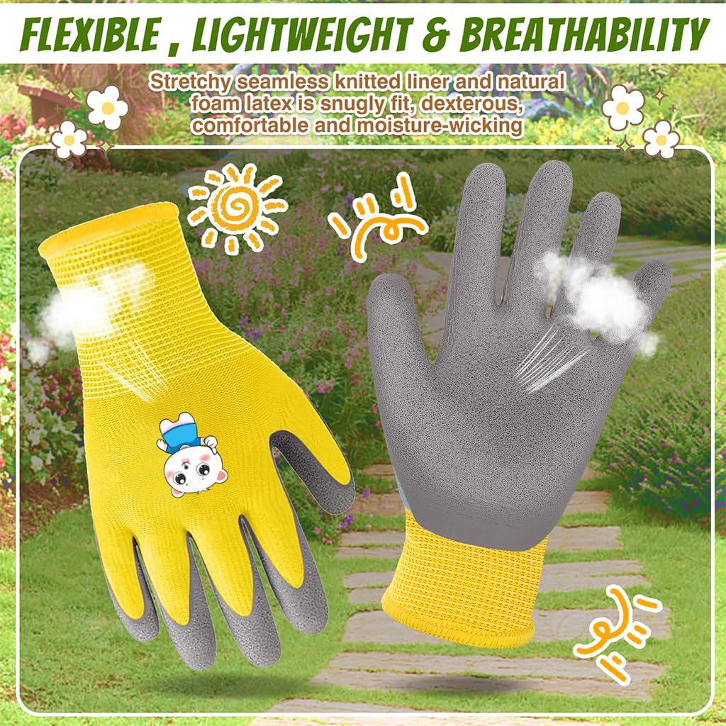 HASTHIP Kids Gardening Gloves for Outdoor Play with Protective Rubber Coating | 3 Pairs for Ages 5–9