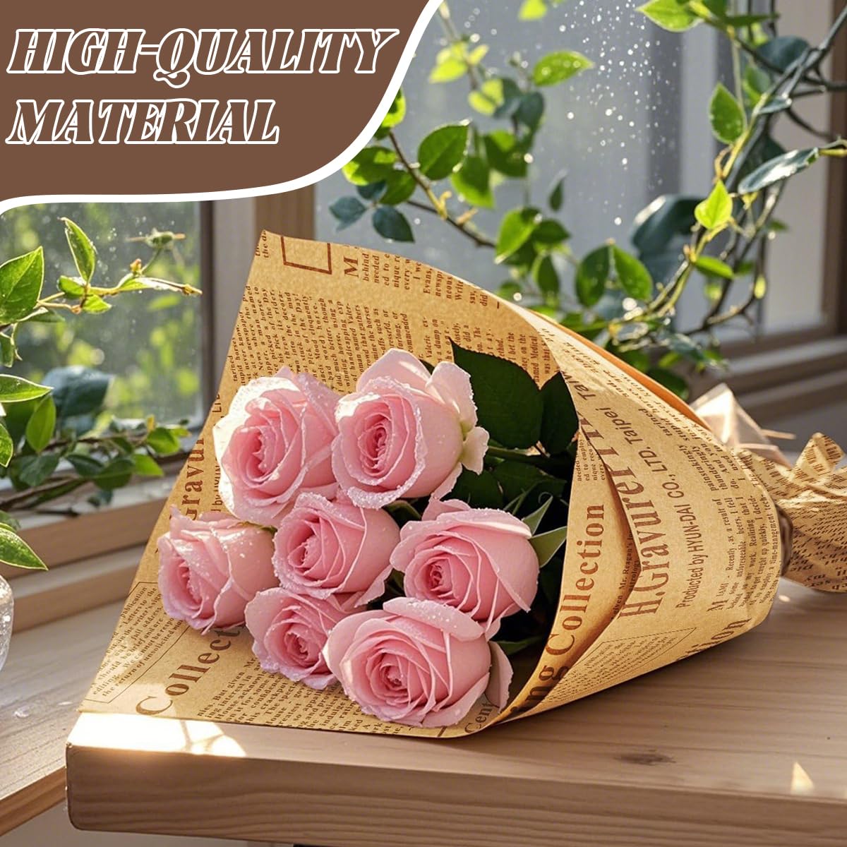 HASTHIP Flower Packing Papers for Gifts and Bouquets with Retro Newspaper Style 6 Sheets 50x70cm Brown