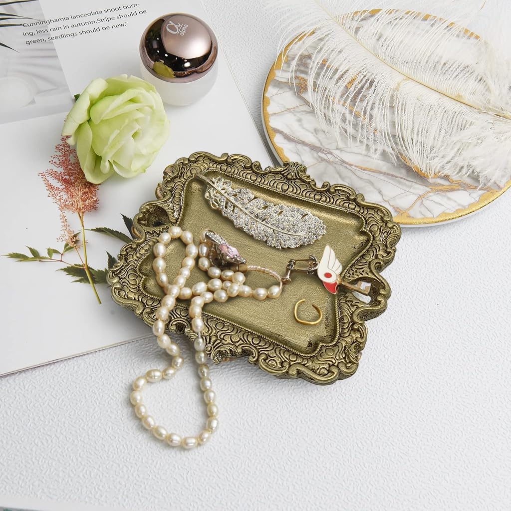 HASTHIP Jewelry Tray Organizer for Dresser featuring Embossed Resin Edge and Retro Metallic Finish 4.92x4.45 in