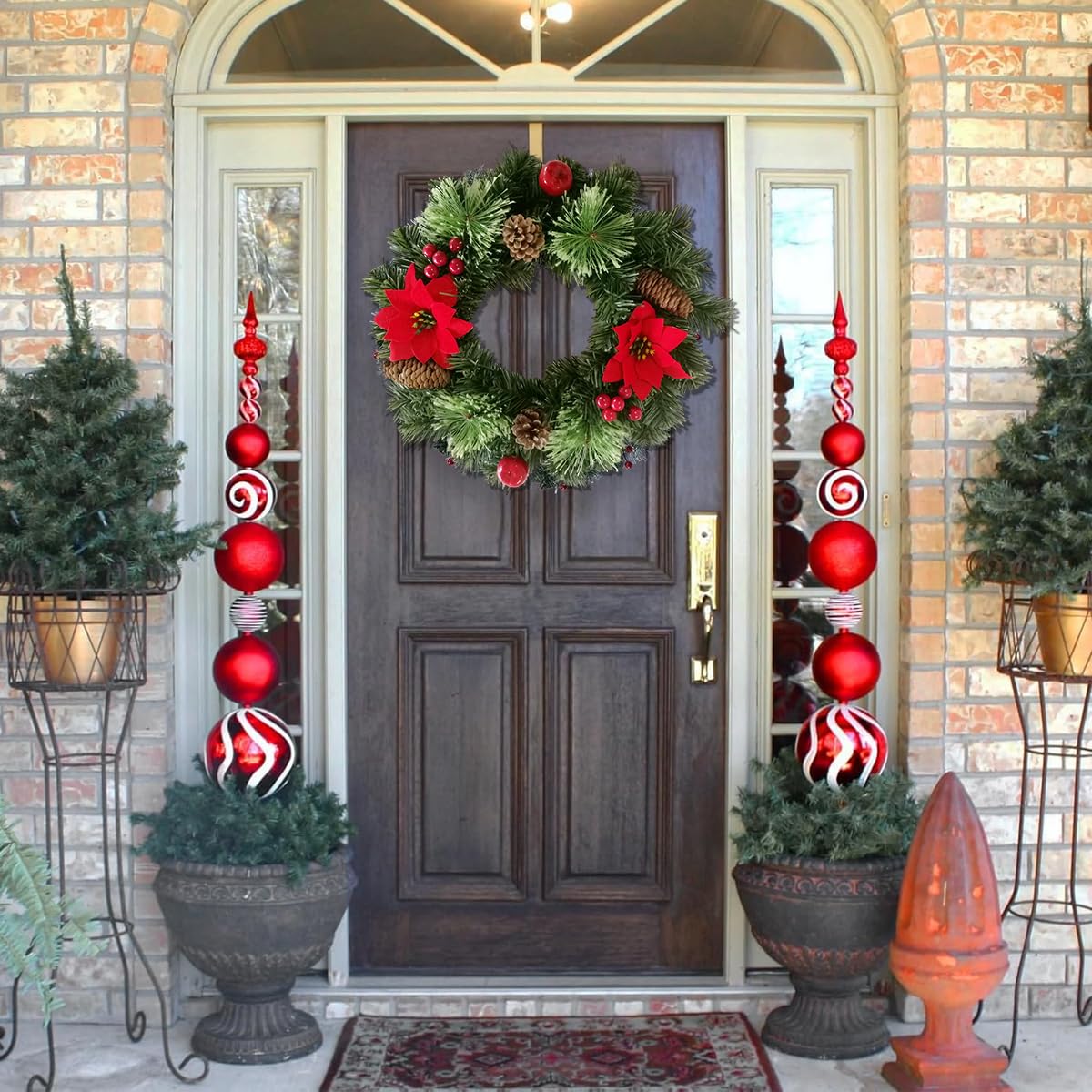HASTHIP® 15.74 Inches Red Poinsettia Christmas Wreaths Decorative Door Hanging Ornament for Christmas Realistic Poinsettia Red Holly Pinecone Wreaths for Home Decor Wall Decor Christmas Tree Decor