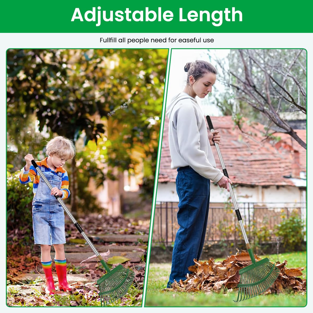 HASTHIP Leaf Rake for Backyard with 25 Curved Steel Teeth and 55 in Detachable Handle | Stainless Steel Lawn Tool