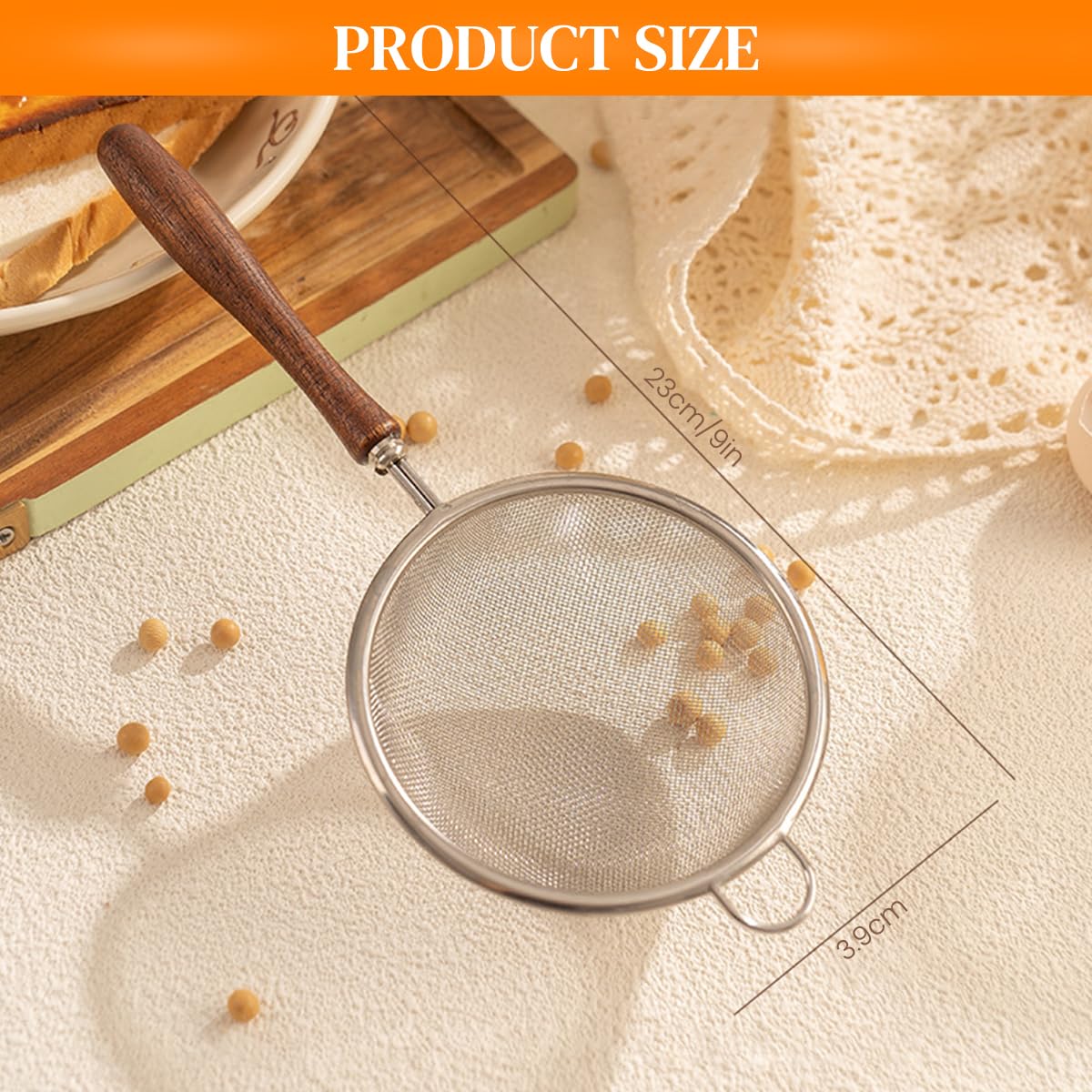 HASTHIP® Mesh Strainer for Kitchen, Colander Skimmer 304 Stainless Steel with Wooden Handle, Sieve Sifters for Food, Tea, Rice, Oil, Noodles