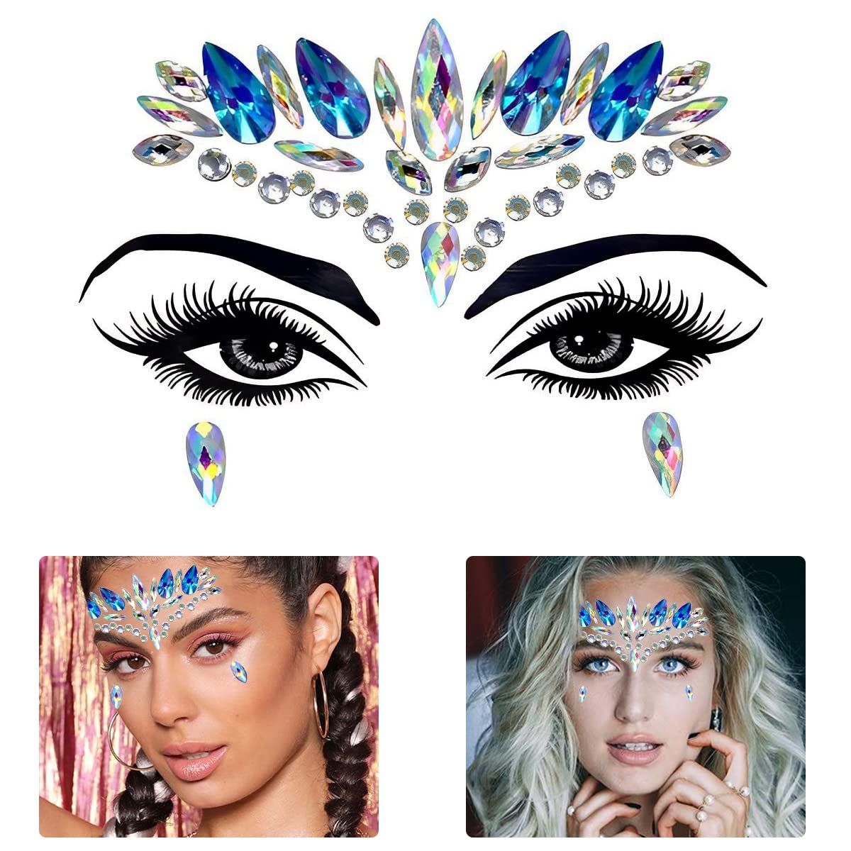 HASTHIP® Gemas Faciales de Cristal Azul,Pegatinas Autoadhesivas de Diamantes Acrílicos para Mujer y Niña,Decoración Rostro para Festival Fiesta Maquillaje Artístico Rave y Carnaval