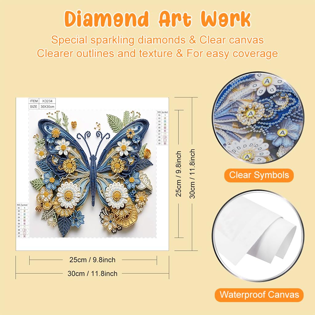 HASTHIP® 5D Diamond Painting Kit - Three-dimensional Diamond Painting, Aesthetic Dazzling Diamond Painting Home Decor DIY Diamond Painting Art Kit with Accessories and Tools, 12x12 Inches (Butterfly)