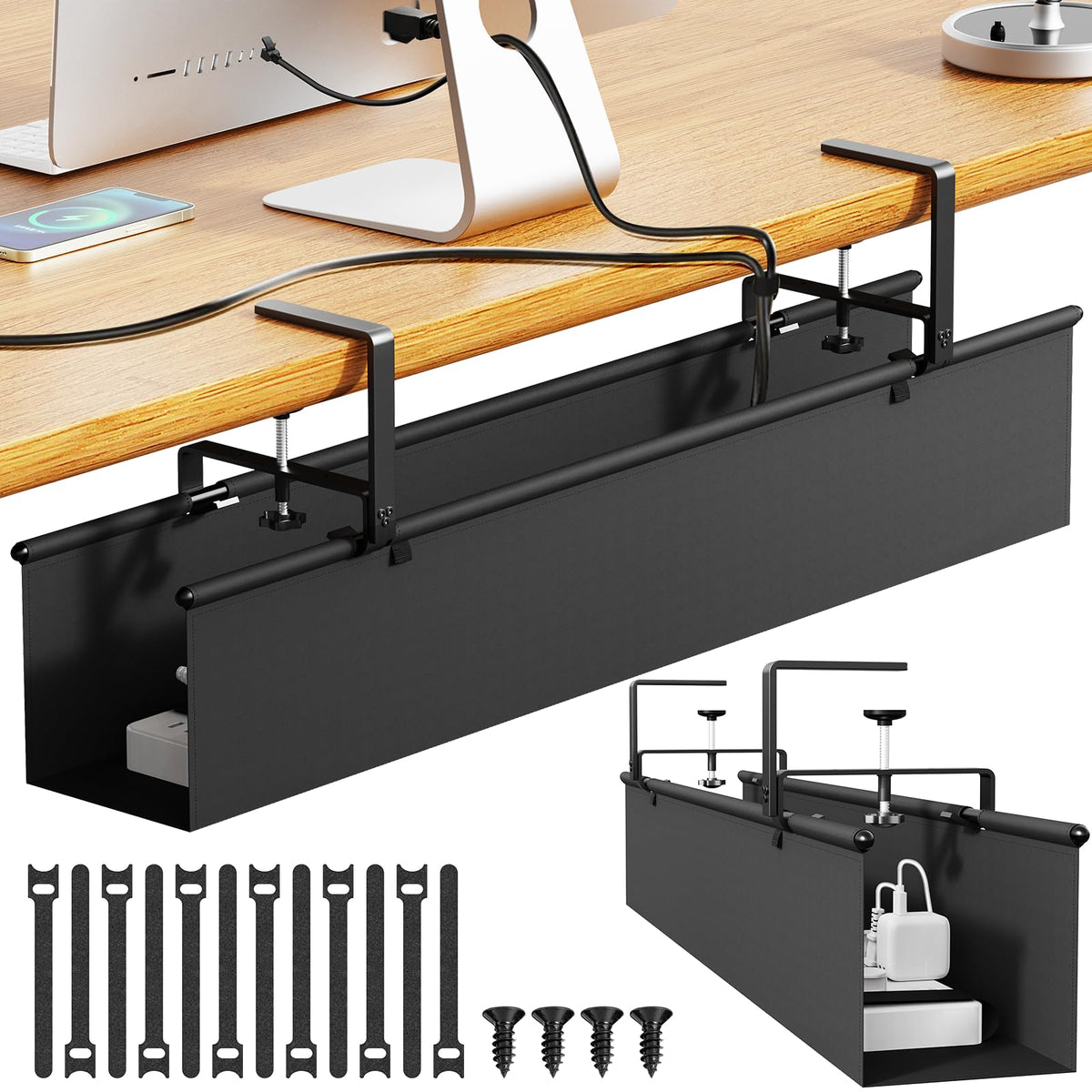 HASTHIP® Bandeja de gestión de cables bajo escritorio 27 pulgadas,organizador cables metálico sin taladro,soporte resistente para regletas y adaptadores ideal para oficina y hogar