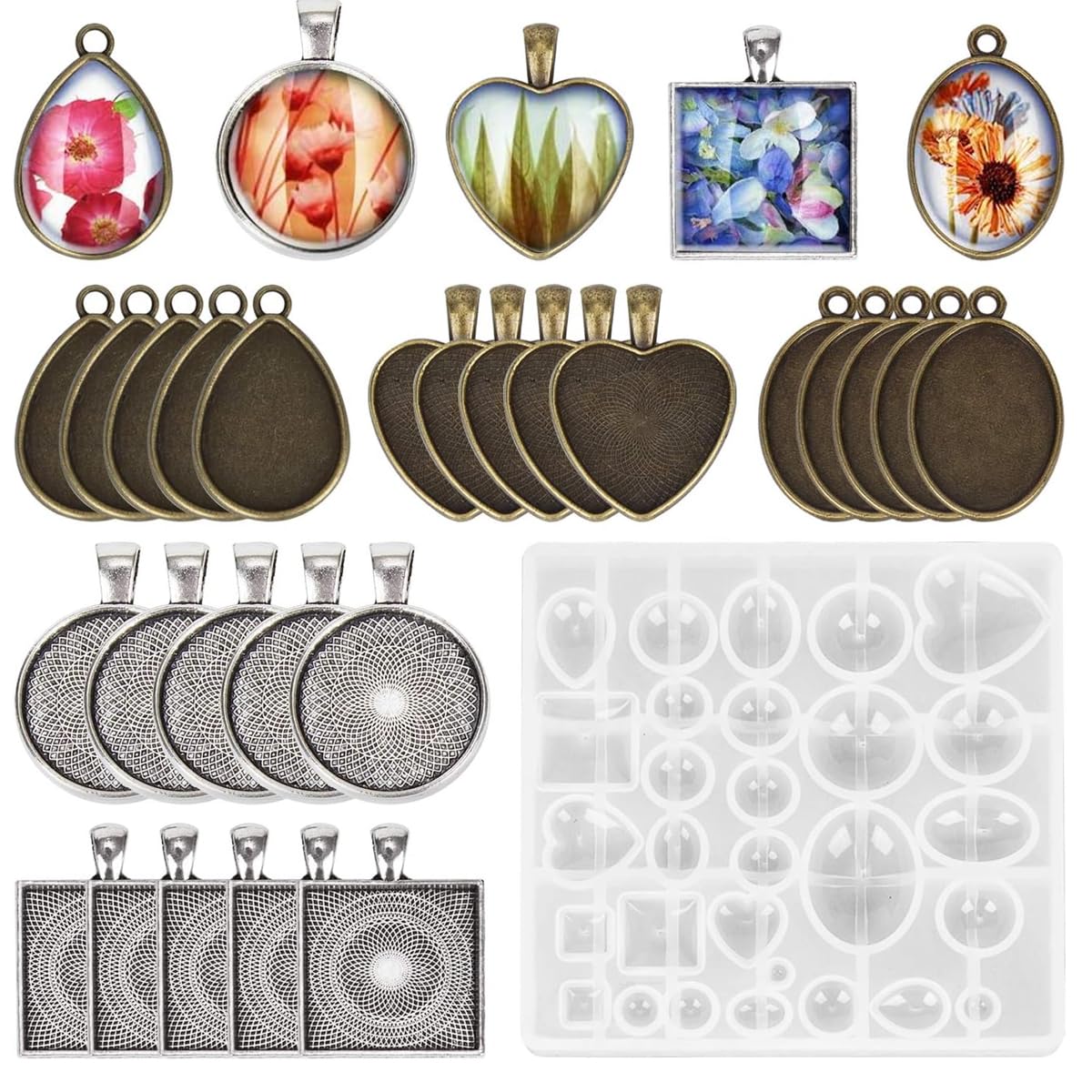 Resin Molds Set Pendant Trays DIY Jewelry Making Resin Molds Set, 30Pcs 5 Styles Metal Pendant and 1 Pc Silicone Epoxy Jewelry Casting Molds for Pendant Crafting DIY Jewelry Gift Making
