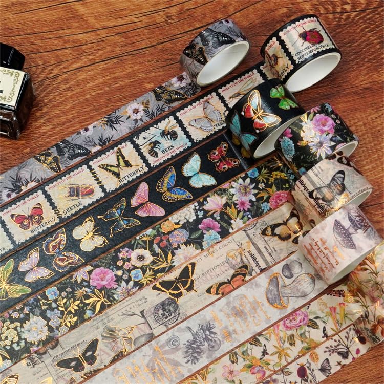 HASTHIP Vintage Washi Tape for Scrapbooking with 18 Rolls 6 Sizes and Gold Silver Foil | Writable Floral Butterfly Design