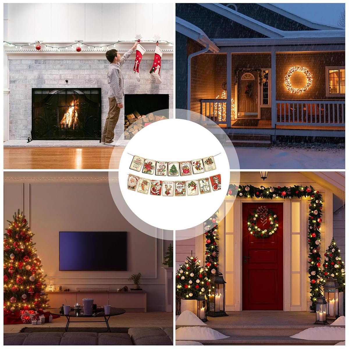 HASTHIP Christmas Wall Hanging Banner for Door and Room with 15pcs 5.5×7.68in Vintage Flags