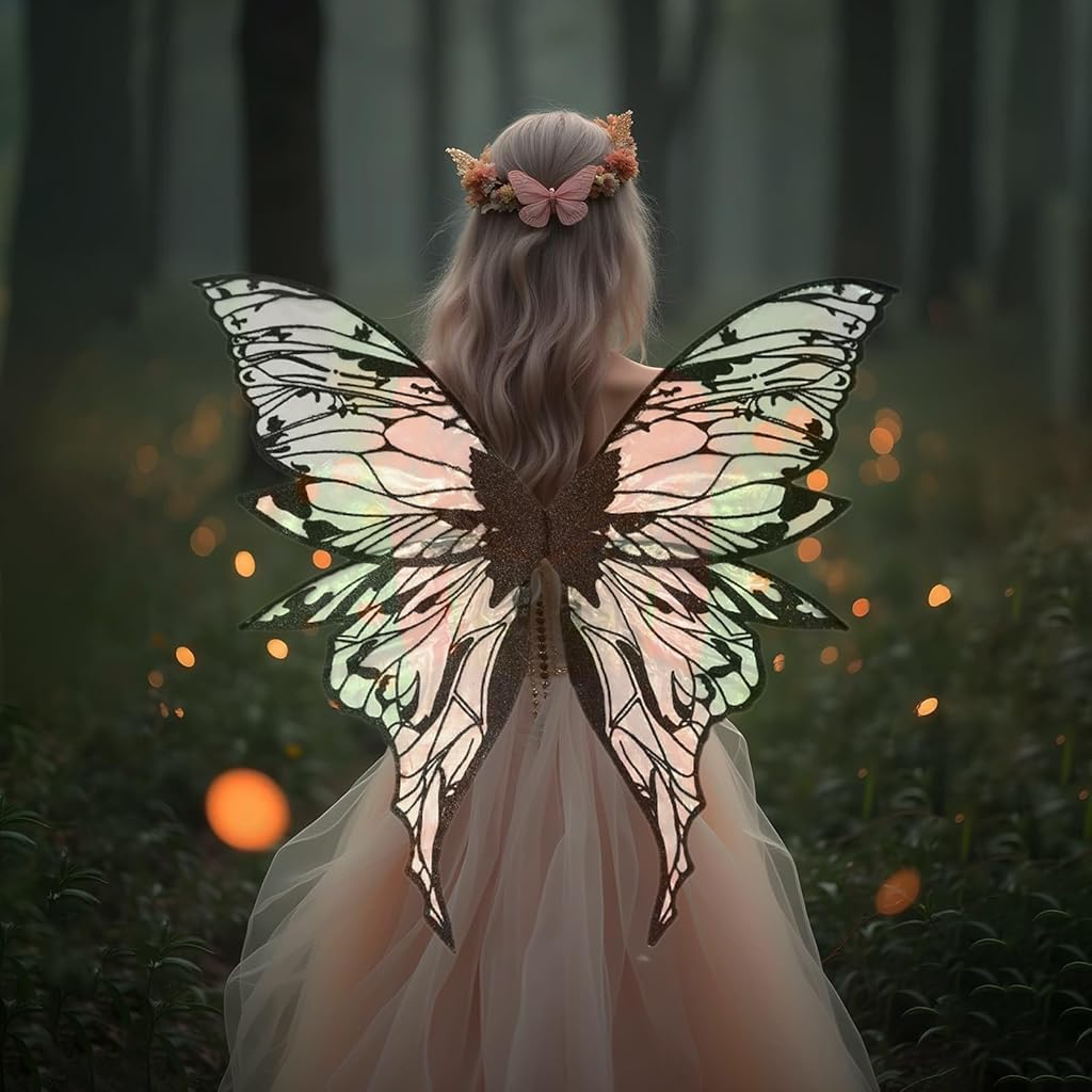 HASTHIP® Alas de hada doradas grandes, disfraz mariposa con alas transparentes brillantes para Halloween